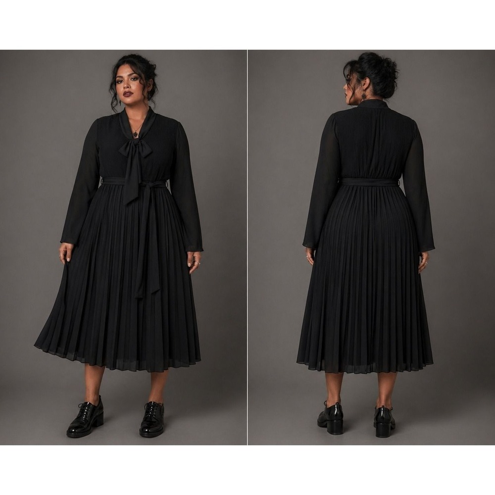 Black Pleated Midi Dress Gothic Secretary Dark Academia Bow XL 1X